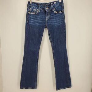 Miss Me Dark Wash Mid Rise Easy Boot Denim Jean Lots Of Rhinestones
